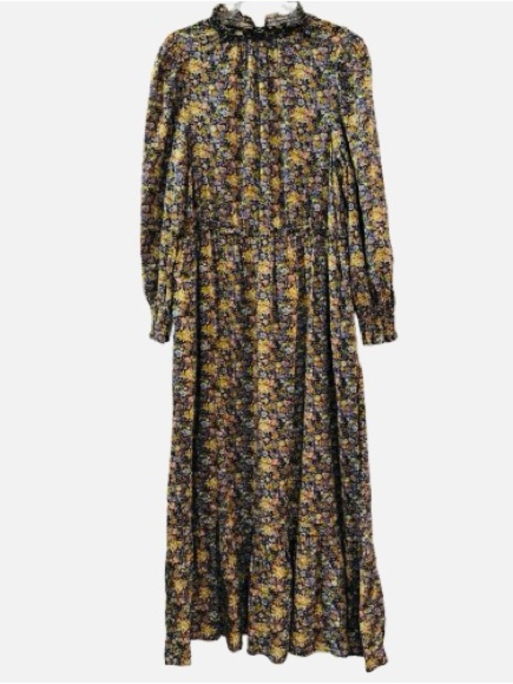 Floral Maxi Dress Puff Sleeve High Neck Pockets